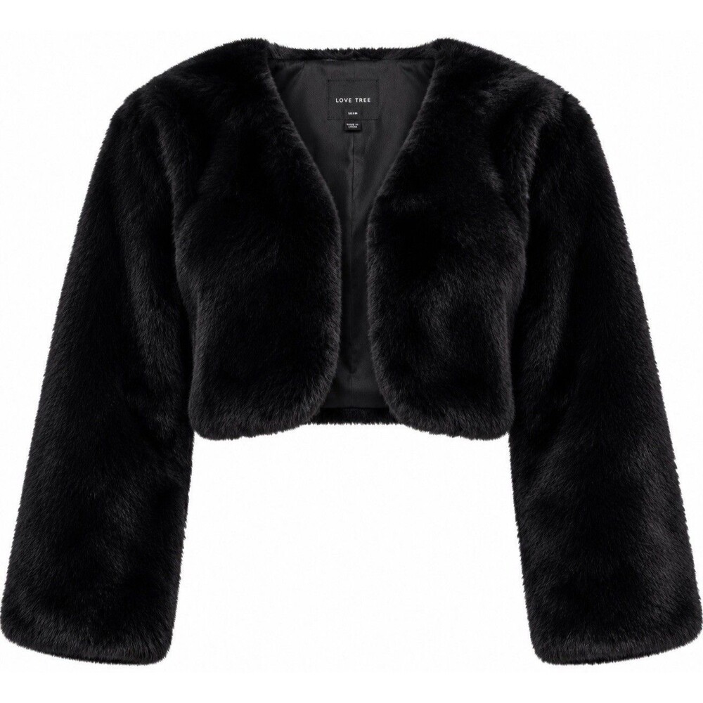 LOVE TREE Black Faux Fur Coat Or Jacket Cropped Sz LG Coquette Glam Formal EUC